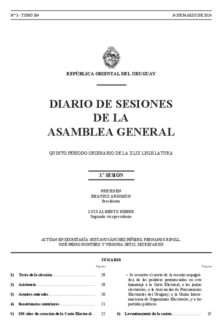 DIARIO DE SESIONES DE LA ASAMBLEA GENERAL del 14/03/2024
